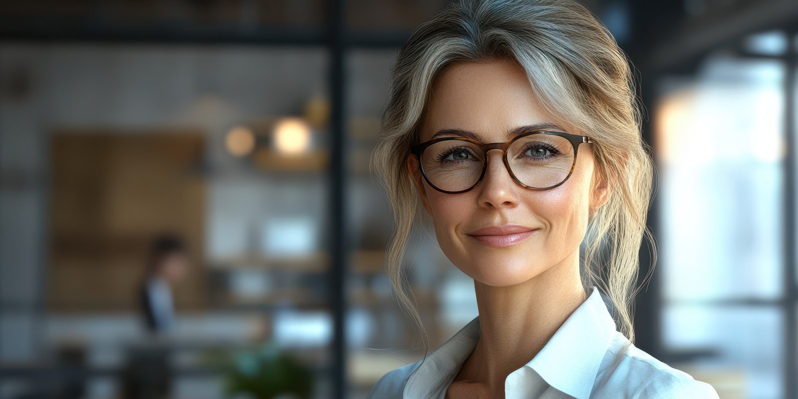 Confident woman in glasses smiling in a modern office environment during daylight hours